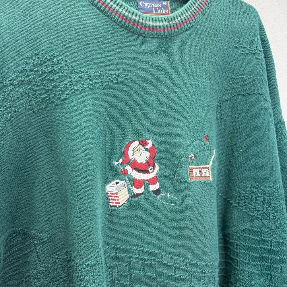 Vintage Christmas Sweater Golf Santa Clause Green Men's XL 90s Granny Grandpa